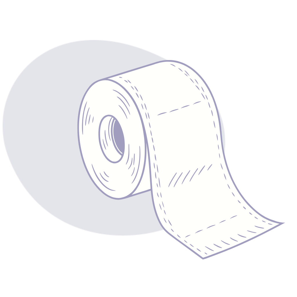 weiß lila Linienzeichnung einer Toilettenpapierrolle mit abgerolltem Ende auf lila Ellipse.